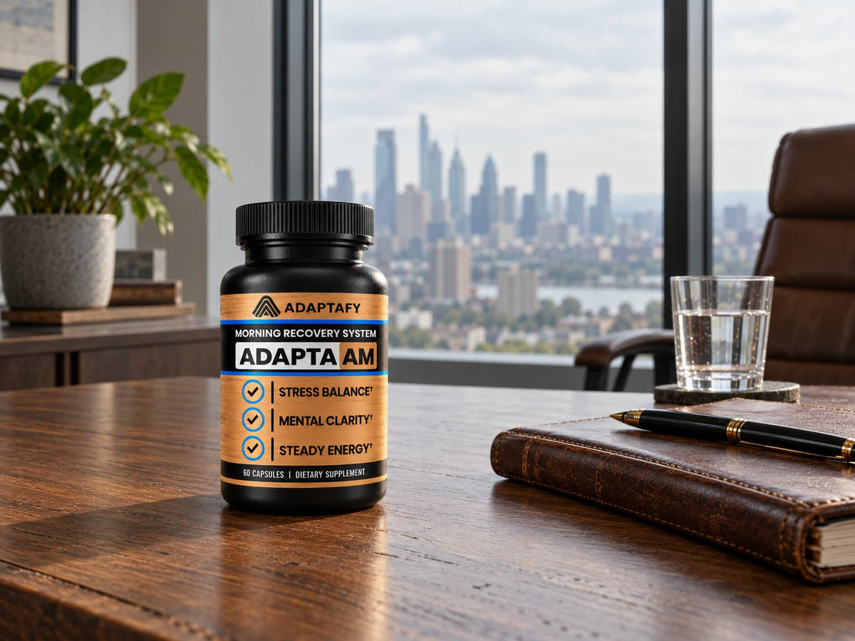 Adapta AM supplement bottle on an executives desk, open windowed office with plenty of light.  Big city (philly) in the background. 