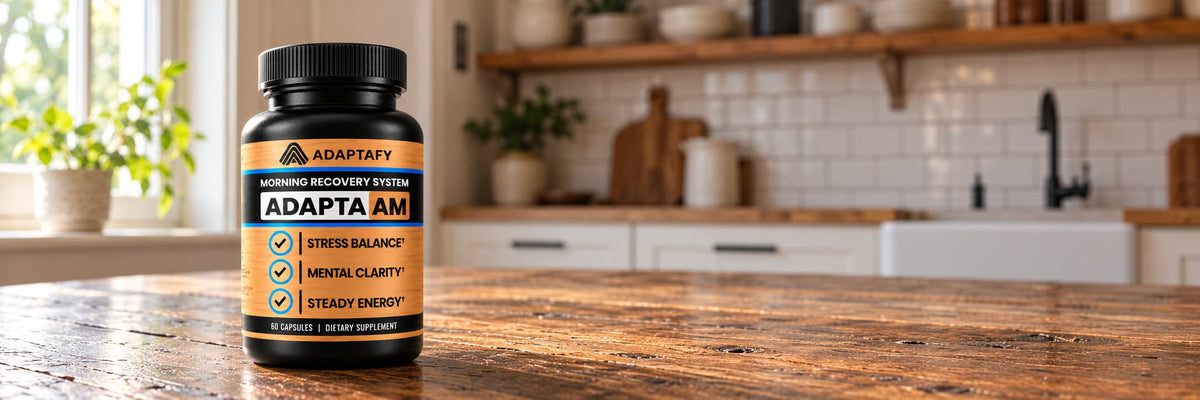 A supplement bottle Adapta AM on a rustic kitchen island with bright rustic kitchen background. 