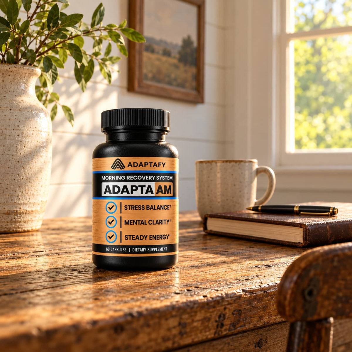 Adapta AM supplement bottle on rustic wooden desk, next to closed notebook, pen, and coffee.  Room has bright window and wooden siding.  