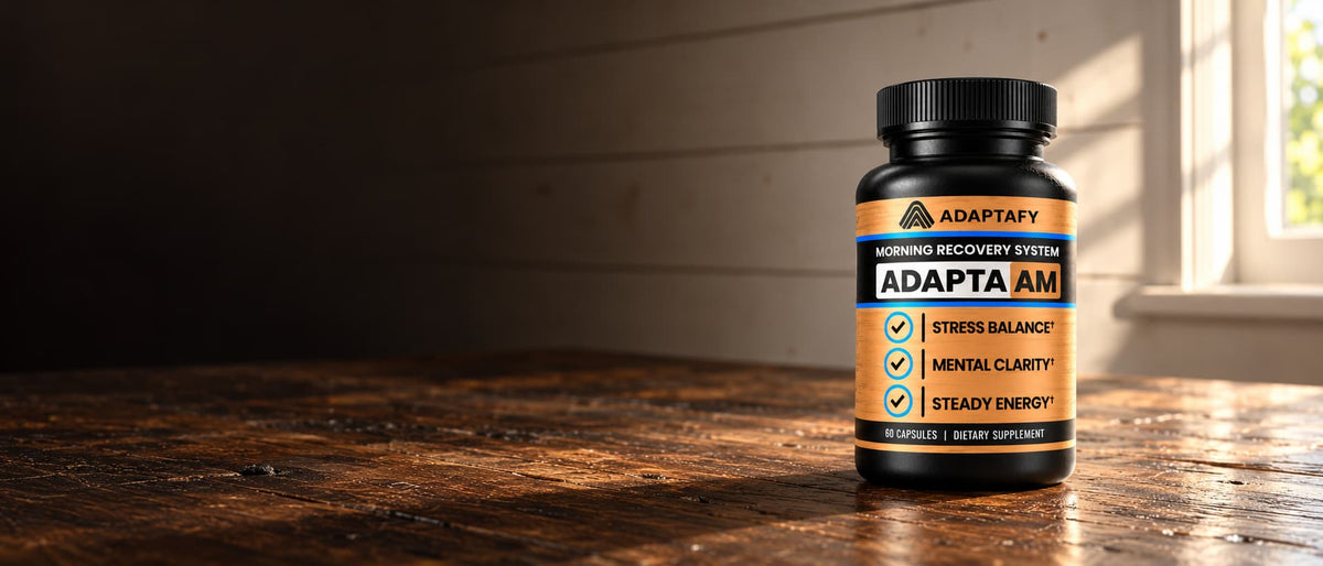Adapta AM supplement bottle on aged wooden rustic table, dark background but open bright window. 