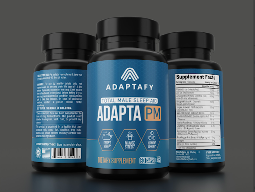 Image of Adapta PM bottles (black). Showing all three sides of front label, side information, and side nutritional label facts.