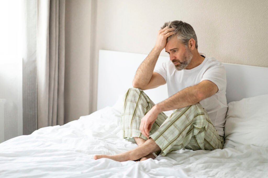 Prostate Problems? Try Maca Root for Natural Relief 5 Middle aged man upset and tired in bed - getting up to pee and in pain from prostate issues - Could Maca Root be the support he is looking for?