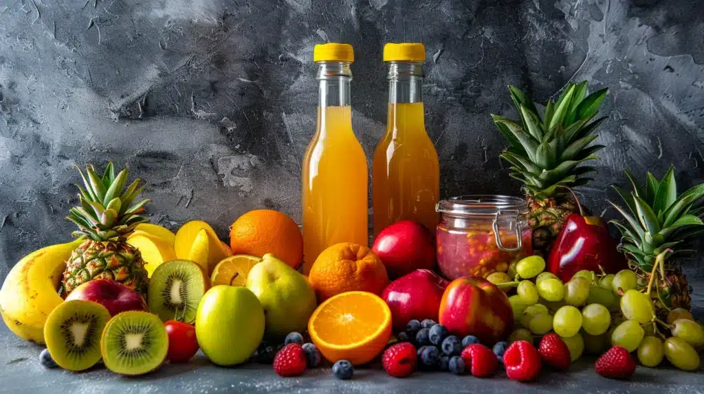 healthy ingredients, fruits and juices on kitchen table. Best Natural Drinks for Energy