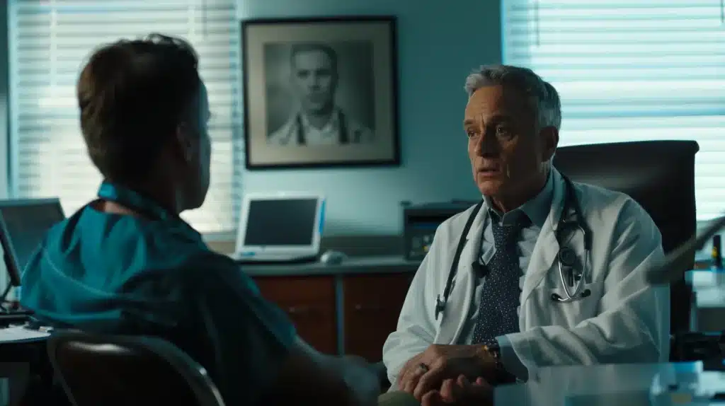 A male doctor speaking with male patient at an office about sleep and hormones