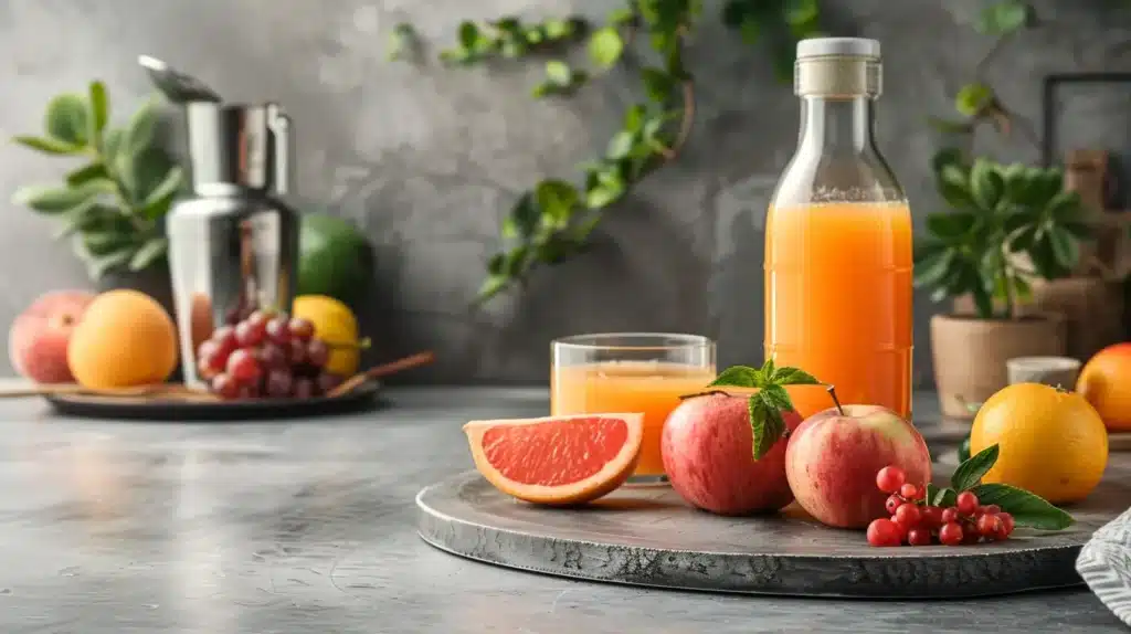 healthy ingredients, fruits and juices on kitchen table. Best Natural Drinks for Energy