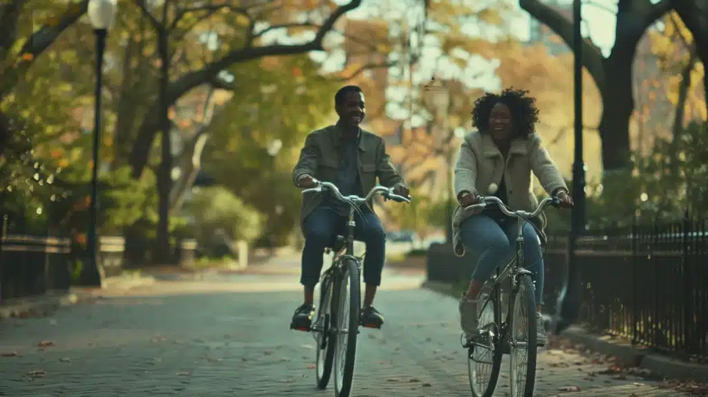 Unveiling the Link Between Sleep and Hormones 3 A man and woman riding their bikes in park on a nice day due to great sleep and hormones