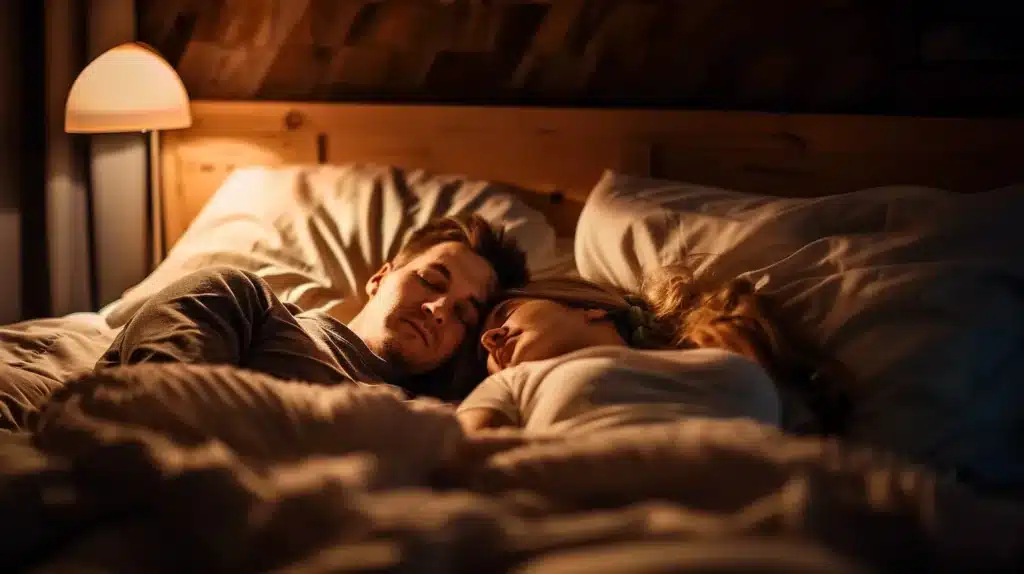 Unveiling the Link Between Sleep and Hormones 2 A man and woman sleeping in bed in dimmed light room due to sleep and hormones improved.