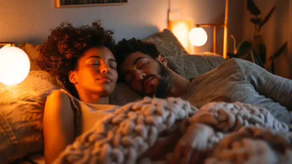 A man and woman sleeping in bed in dimmed light room with improved sleep and hormones