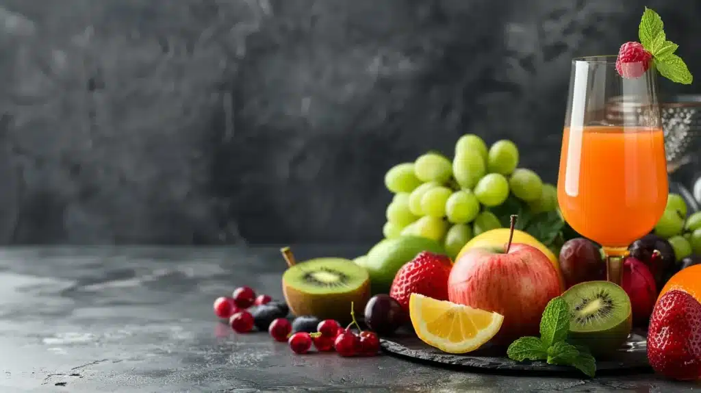 healthy ingredients, fruits and juices on kitchen table. best natural drinks for energy