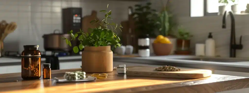 a serene, clutter-free kitchen counter displaying an assortment of high-quality adaptogen supplements, a sleek digital timer set for optimal timing, and a yoga mat in the background for lifestyle integration.