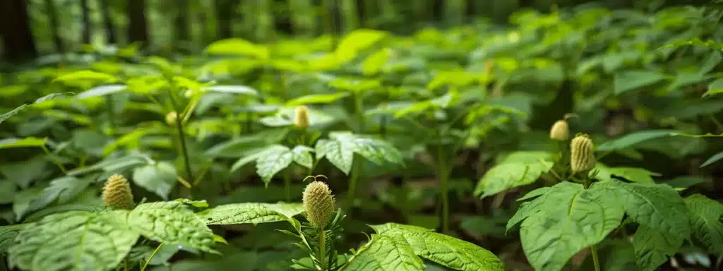 a serene forest scene with vibrant ginseng plants growing amidst lush greenery, symbolizing the natural stress-relief benefits of adaptogens.