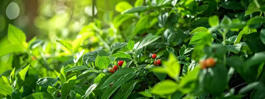 a serene photo featuring a variety of colorful adaptogenic herbs such as ashwagandha, rhodiola rosea, holy basil, schisandra berry, and ginseng, surrounded by vibrant green leaves and natural light.