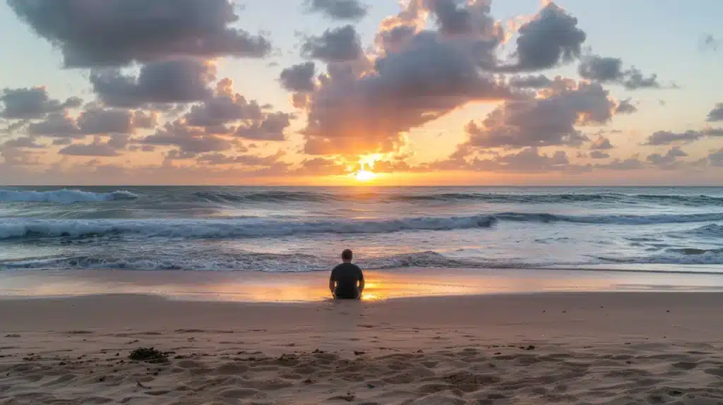 man sitting on beach calmly looking at sunrise