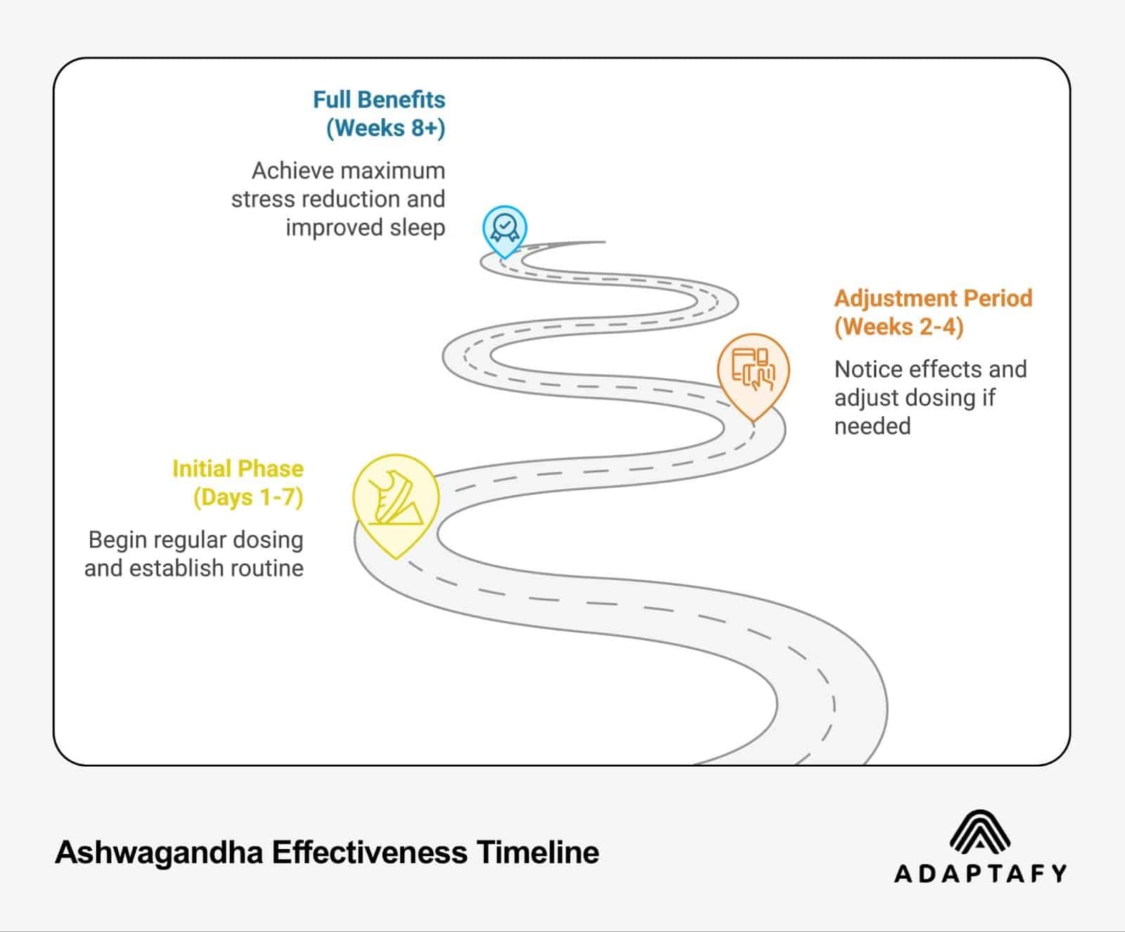 Ashwagandha Gummies vs Pills: A Science-Based Comparison for Stress Relief and Sleep 2 Timeline infographic showing three phases of Ashwagandha effectiveness: Initial Phase (Days 1-7), Adjustment Period (Weeks 2-4), and Full Benefits (Weeks 8+), illustrated with a winding path and milestone markers