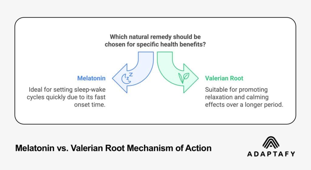 Melatonin vs Valerian Root mechanism comparison showing melatonin for quick sleep-wake cycle adjustment and valerian root for long-term relaxation effects