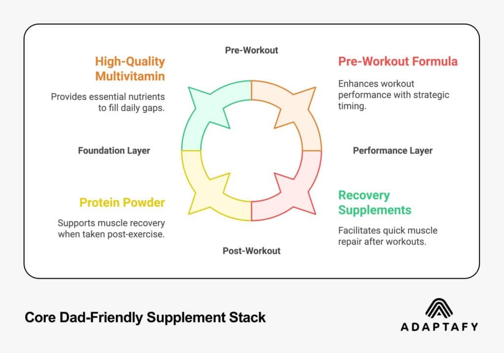 Supplement Stacking Guide: From Dad Bod to Dad God (Without the Hassle) 2 Image of Core Dad-Friendly Supplement Stack guide: Pre-Workout, Recovery Supplements, Protien Powder, Multivitamin by ADAPTAFY