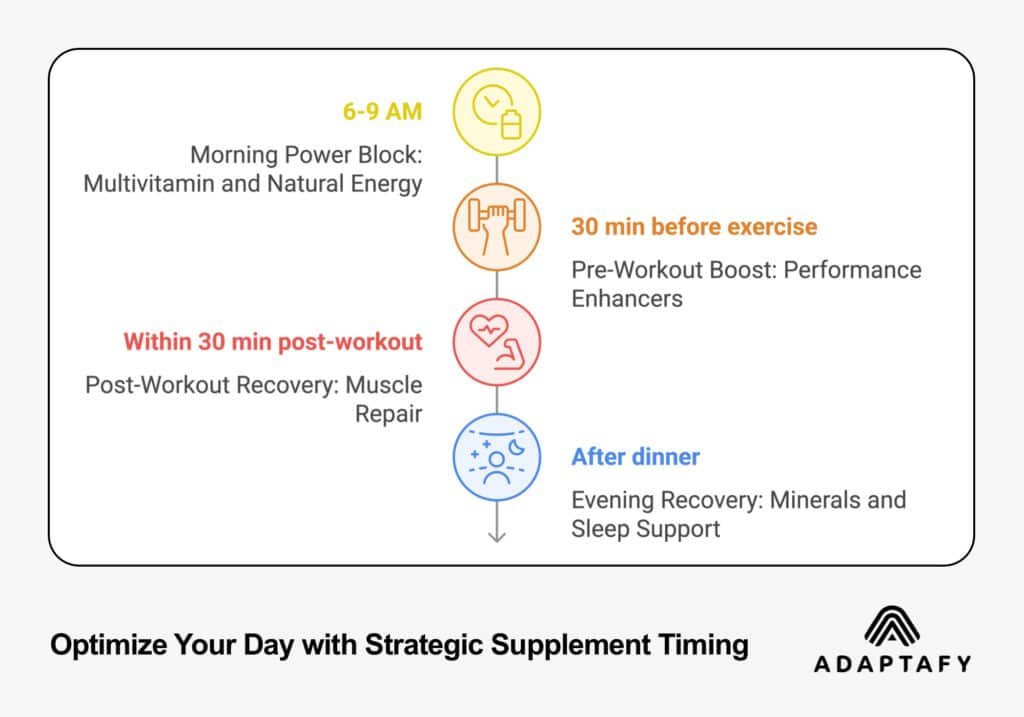 Supplement Stacking Guide: From Dad Bod to Dad God (Without the Hassle) 3 Diagram - Optimize Your Day with Strategic Supplement Timing: AM, Pre-Workout, Recovery, and After Dinner, by ADAPTAFY