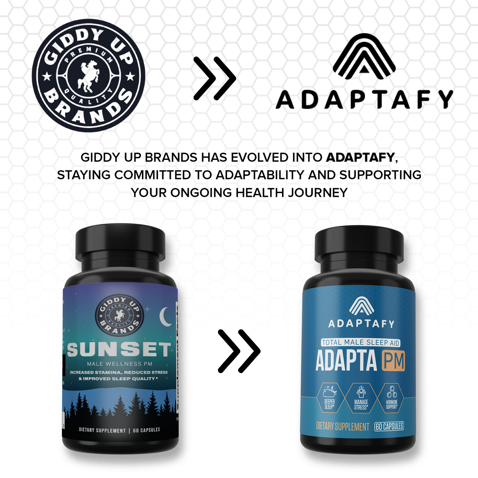 ADAPTA PM 7 Image represents the transition of the previous company Giddy Up Brands to the current company Adaptafy. The infographic shows the previous bottle and logo pointing the new bottle and logo. Adaptafy's commitment to improvement for our customers.