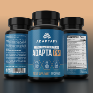 Image displays Adapta PM, a Total Male Sleep Aid, with 3 angles to show front label, nutritional facts, and instructions.
