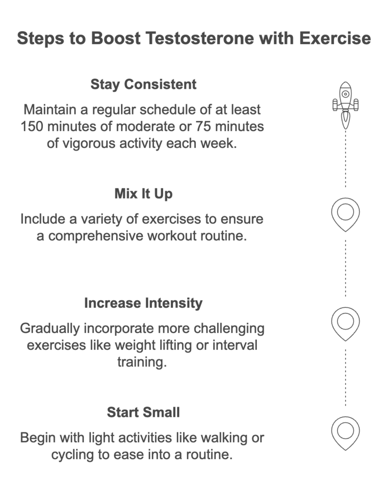 Natural Ways to Higher Testosterone: Foods and Tips for Men 4 Illustration on how regular exercise boosts testosterone: Engaging in physical activity like strength training and HIIT prompts the brain to release luteinizing hormone, which increases testosterone production in the testes. A study from Endocrine Journal highlighted that 12 weeks of HIIT significantly raised testosterone levels. Tips for incorporating exercise include starting small with activities like walking, gradually increasing intensity with weight lifting, mixing various exercises for a well-rounded routine, and consistently aiming for 150 minutes of moderate or 75 minutes of vigorous activity weekly.