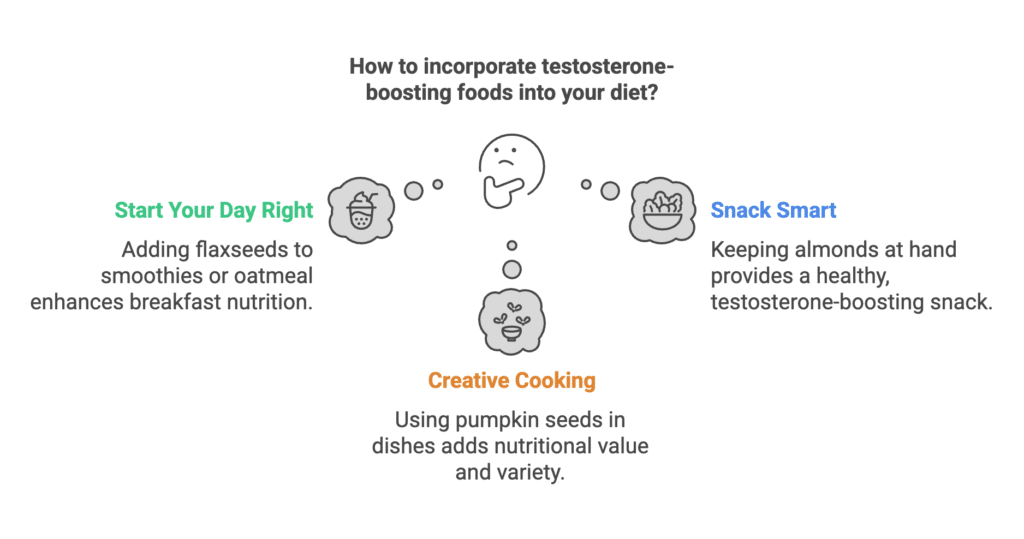 Natural Ways to Higher Testosterone: Foods and Tips for Men 3 An infographic highlighting natural ways to higher testosterone by ensuring the body gets enough zinc and magnesium: Start your day right by adding flaxseeds to your morning smoothie or oatmeal; snack smart with a bag of almonds at your desk; and get creative in the kitchen by tossing pumpkin seeds into stir-fries or homemade granola bars. Emphasizing foods rich in these vital nutrients supports both testosterone levels and overall well-being.