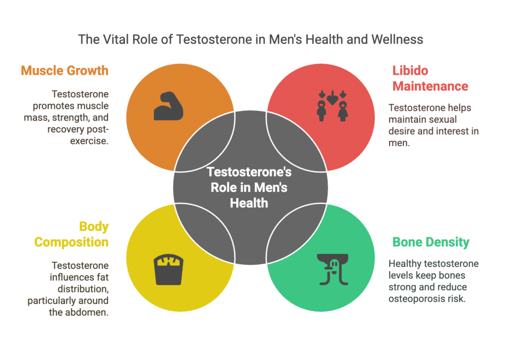 Natural Ways to Higher Testosterone: Foods and Tips for Men 1 Illustration depicting the diverse roles of testosterone in men's health: 1) Fueling sex drive, as testosterone is crucial for maintaining libido, with a decrease leading to reduced sexual interest; 2) Maintaining bone density, where adequate testosterone levels help keep bones strong and dense, lowering osteoporosis risk; 3) Influencing body composition by controlling fat distribution, explaining why men often accumulate fat around the abdomen; and 4) Promoting muscle growth by aiding in the increase of muscle mass and strength, and enhancing muscle recovery post-exercise.