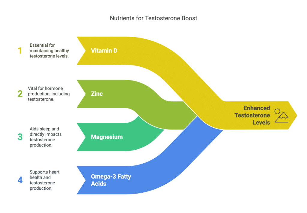 Natural Ways to Higher Testosterone: Foods and Tips for Men 2 A Chart of 4 elements pointing towards Enhanced Testosterone Levels. 4 core elements of Vitamin D, Zinc, Magnesium and Omega-3 Fatty Acids.
