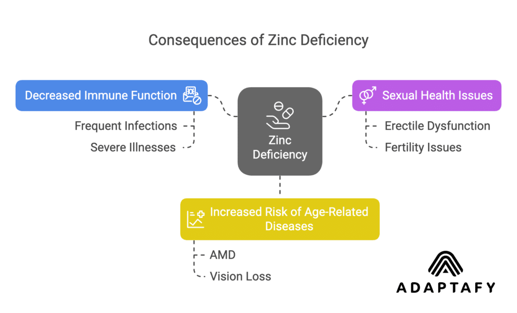 Boost Health and Immunity: Vital Role of Zinc for Men 4 Diagram showing zinc deficiency effects: decreased immunity, sexual health issues, and increased risk of age-related diseases.