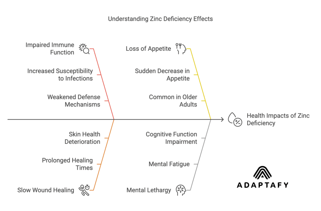 Boost Health and Immunity: Vital Role of Zinc for Men 3 Diagram showing the effects of zinc deficiency: weakened immune function, slow wound healing, loss of appetite, and mental lethargy.