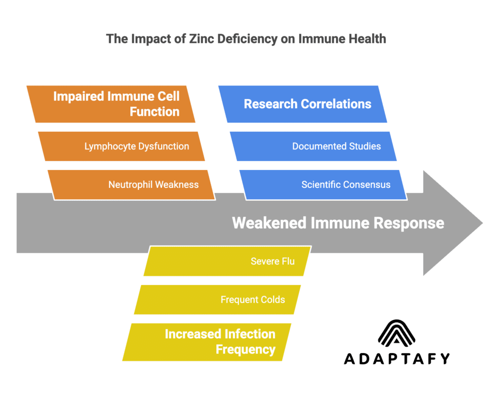 Boost Health and Immunity: Vital Role of Zinc for Men 1 Diagram illustrating the impact of zinc deficiency on the immune system. Section 1: Immune Cell Function - Immune cells represented as elite soldiers. Lack of zinc visualized as removing their armor, leaving neutrophils, lymphocytes, and natural killer cells weakened and unable to effectively fight pathogens. Section 2: Frequency and Severity of Infections - Illustration of colds and flu viruses thriving due to zinc deficiency, showing increased frequency and severity of infections as the immune system struggles to keep up. Section 3: Research Insights - Images or icons of research studies and graphs showing the strong correlation between low zinc levels and a weakened immune response, highlighting the increased risk of infections and compromised immune cell function.