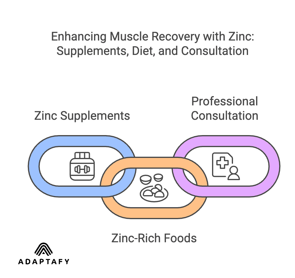 Can Zinc Supplements Really Boost Your Muscle Recovery and Stamina? 3 Diagram emphasizing well-informed supplement choices for physical health and performance goals. Highlights Zinc supplements for muscle recovery, Zinc-rich foods, balanced diet, and consulting healthcare professionals for personalized plans.