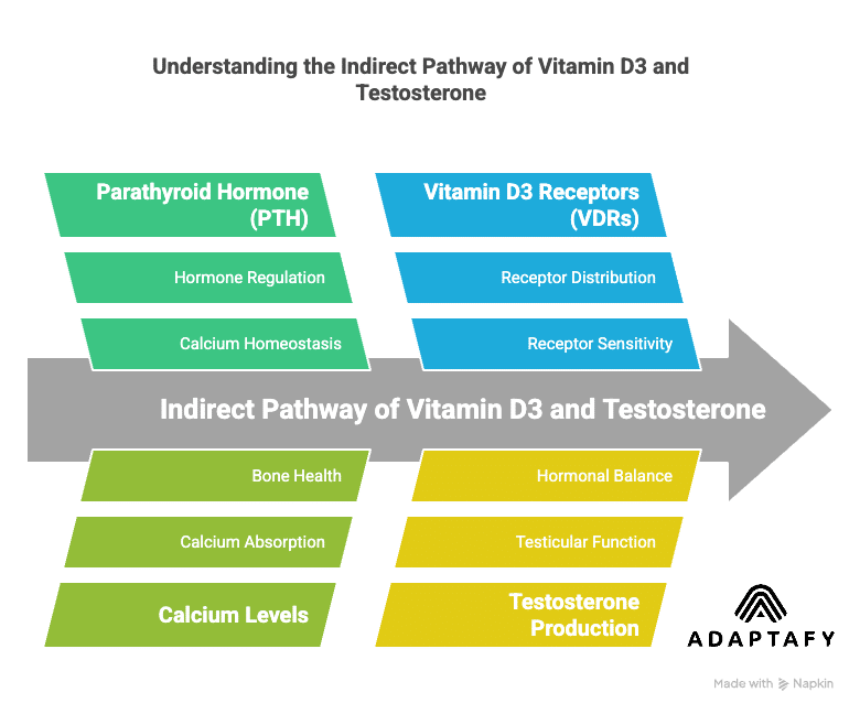 Diagram showing how Vitamin D3 affects parathyroid hormone (PTH), indirectly influencing testosterone levels through hormone regulation pathways. Vitamin D3 Deficiency.