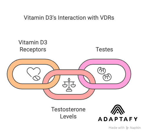 Diagram showing Vitamin D3 interacting with Vitamin D receptors in the body, including testes, to influence testosterone levels and reproductive health. Vitamin D3 Deficiency
