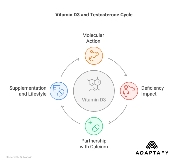 Diagram explaining how Vitamin D3 influences testosterone production, the effects of deficiency, partnership with calcium, and strategies for improving levels through supplementation and lifestyle changes. Vitamin D3 Deficiency.