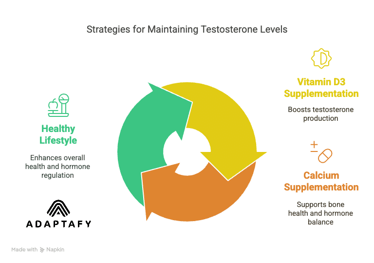 Diagram of strategies to maintain testosterone levels, including Vitamin D3 and calcium supplements, combined with a healthy lifestyle. Vitamin D3 Deficiency