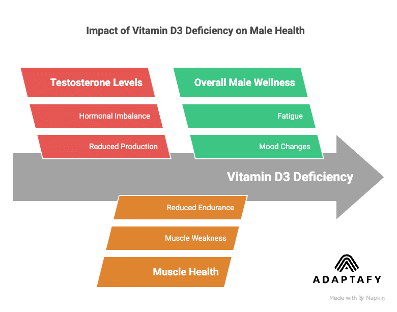 Diagram illustrating how Vitamin D3 deficiency affects testosterone, muscle health, and overall wellness in men. Vitamin D3 Deficiency
