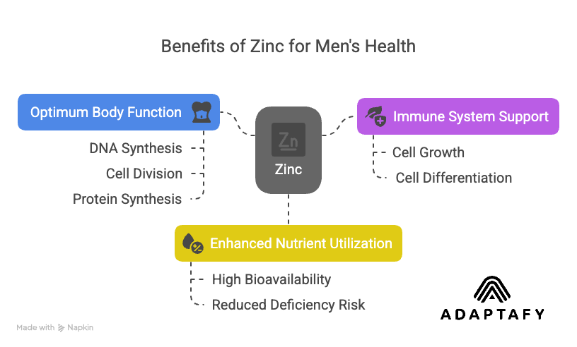 Diagram showing how high zinc bioavailability supports body functions, boosts immunity, and helps prevent zinc deficiency by improving nutrient utilization.