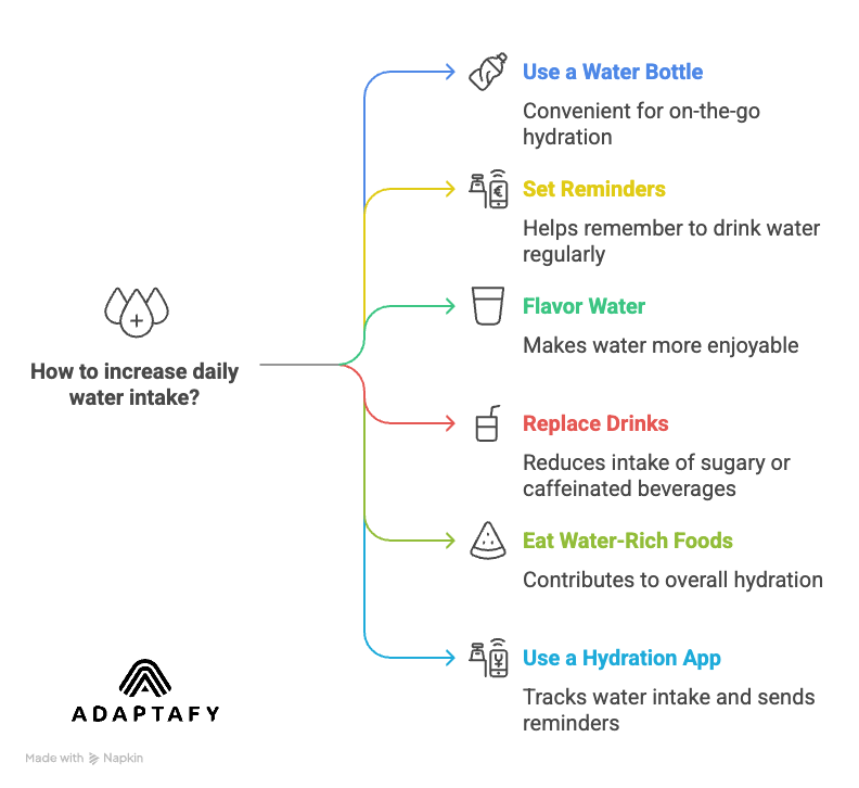 Diagram illustrating simple reminders to drink more water: use a reusable water bottle, set reminders, flavor water, replace other drinks, eat water-rich foods, and use a hydration app. Zinc Deficiency