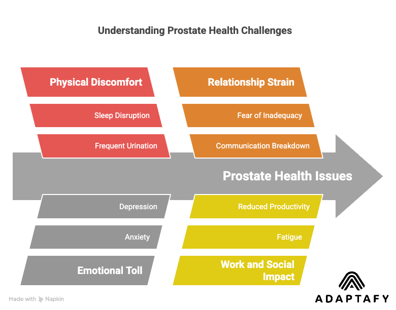 Diagram for a Middle-aged man experiencing urinary and sexual health issues, facing fatigue, stress, and relationship concerns, with hope through natural remedies like Zinc supplementation.