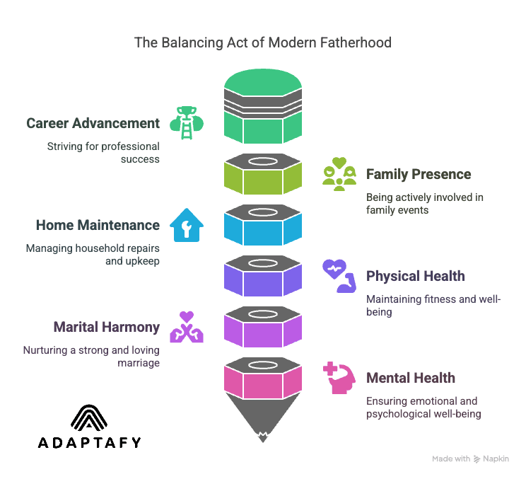 Diagram illustrating the many roles of modern dads: career, parenting, home maintenance, fitness, marriage, and mental health management. Good Ways to Relieve Stress article