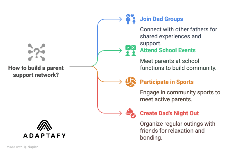 Infographic: Tips to build a parent support network—join dad groups, connect at school events, join leagues or hobbies, and plan regular dads’ nights out. Good Ways to Relieve Stress article