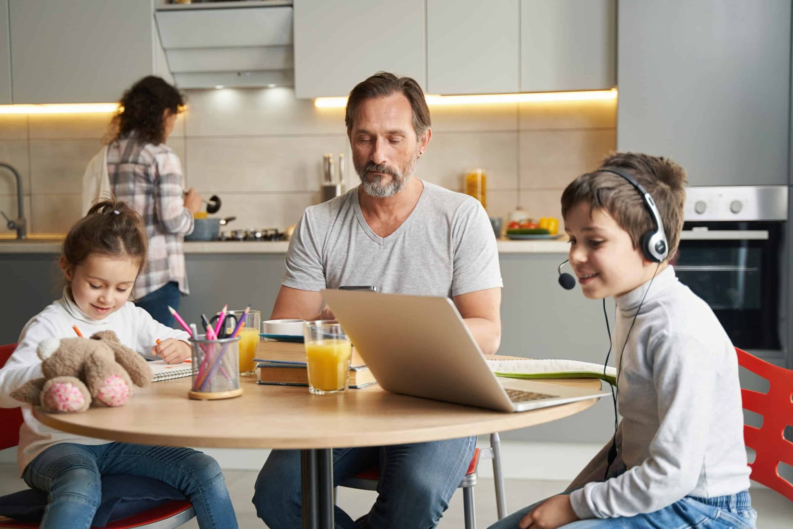 Dad needs good ways to relieve stress as he is working hard already at breakfast with family around him.