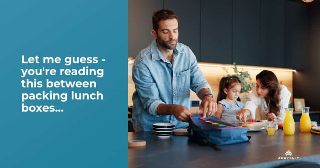 Dad packing lunches for kids. Let me guess - you're reading this between packing lunch boxes and reviewing meeting notes, wondering how to fit proper supplement timing into your already packed schedule. Amino Acids Muscle Growth article for men by Adaptafy.