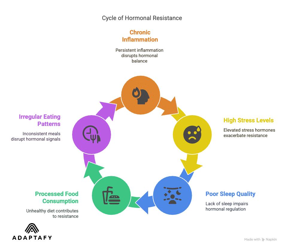 Diagram of factors affecting health: chronic inflammation, high stress, poor sleep quality, processed food consumption, and irregular eating patterns. Can Hormones Affect Weight Loss article by ADAPTAFY.