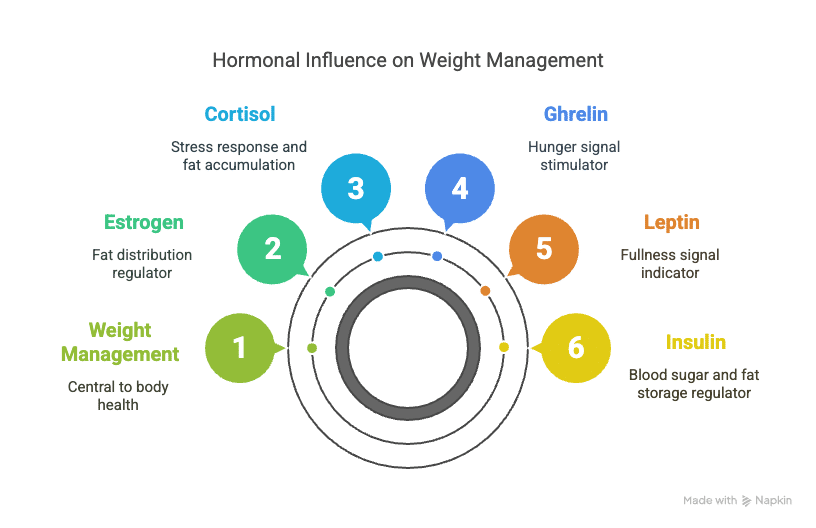 Diagram of key hormones influencing weight: insulin regulates blood sugar, leptin signals fullness, ghrelin triggers hunger, cortisol affects belly fat, estrogen determines fat distribution. Can Hormones Affect Weight Loss article by Adaptafy