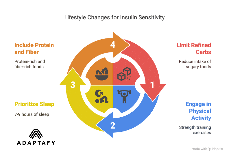 Diagram of lifestyle changes to improve insulin sensitivity: limit refined carbs, exercise regularly, get 7-9 hours of sleep, and eat protein-rich and fiber-rich foods. Can Hormones Affect Weight Loss article by ADAPTAFY