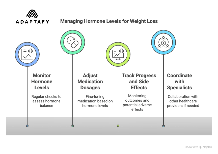 Icons showing steps: monitor hormone levels, adjust medication, track progress and side effects, and coordinate with specialists as needed. Can Hormones Affect Weight Loss article by ADAPTAFY.