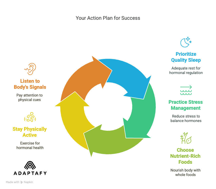 Circular Diagram illustrating self-care: prioritize good sleep, manage stress, eat whole foods, stay active, and listen to your body's signals. Can Hormones Affect Weight Loss article by ADAPTAFY.