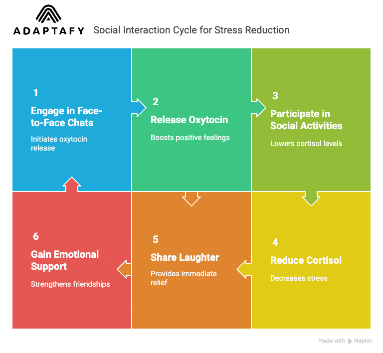 Diagram: Quality connections reduce stress: face-to-face chats release oxytocin, social activities lower cortisol, shared laughter eases anxiety, and real-world friendships offer support. Healthy Ways to Reduce Stress article.
