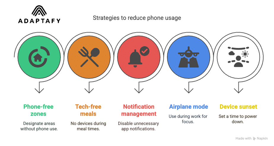 Diagram: Start a digital detox by setting phone-free zones, tech-free meals, turning off notifications, using airplane mode for work, and a device sunset time. Healthy Ways to Reduce Stress article.